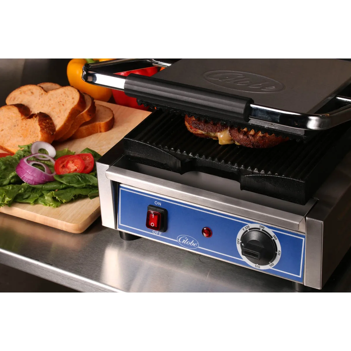 Globe GPG10 Single Commercial Panini Press w/ Cast Iron Grooved Plates, 120v 3