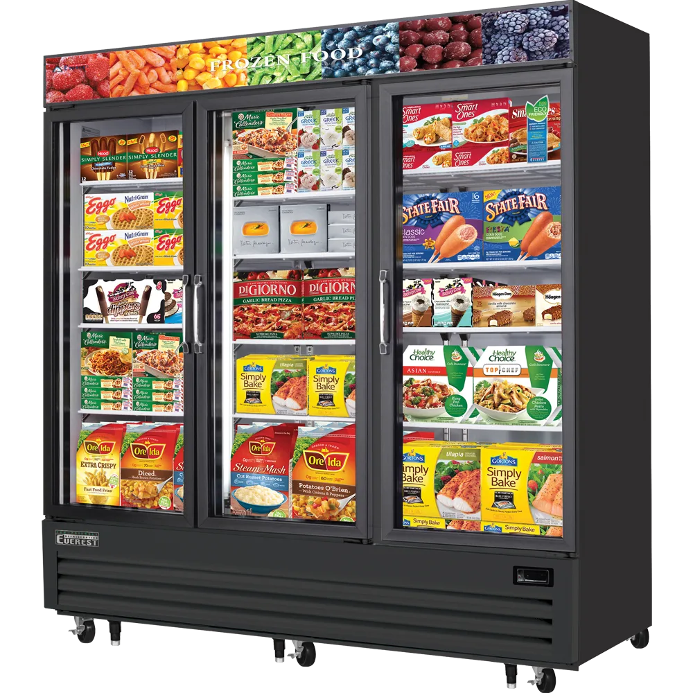 Everest Refrigeration EMGF69B 74″ Three Section Glass Door Freezer Merchandiser in Black, 69.0 cu. ft.