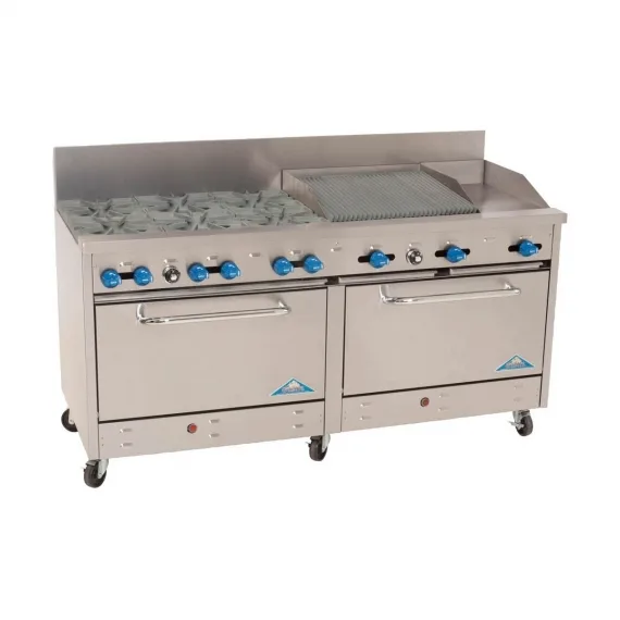 Comstock-Castle 2F330-12-2RB 72″ Gas Restaurant Range w/ (6) Open Burners, (1) 12″ Griddle, (1) 24″ Charbroiler, (2) Standard Ovens, 304.000 BTU