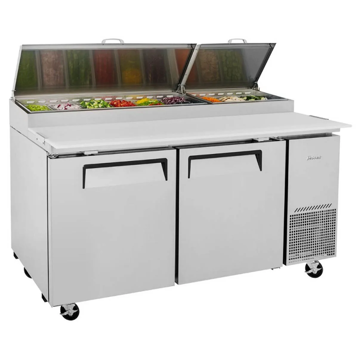 Turbo Air TPR-67SD-N 67″ Refrigerated Pizza Prep Table w/ 2 Doors, 9 Condiment Pans 3