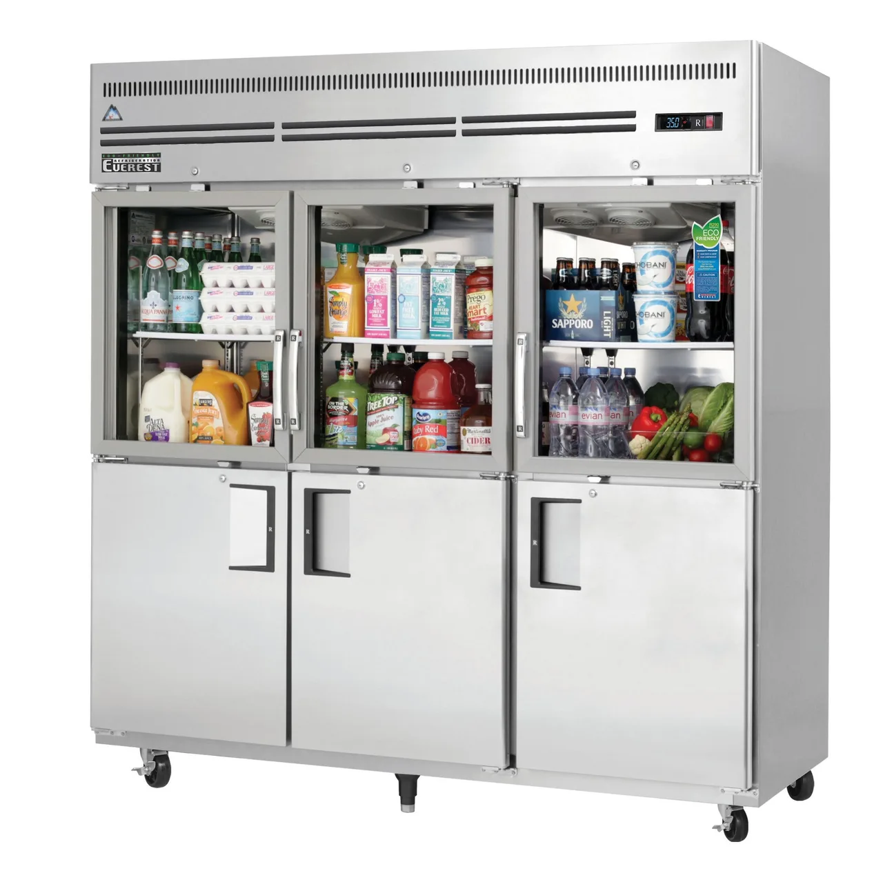 Everest EGSH6 74″ Three Section Reach-In Refrigerator w/ 3 Solid & 3 Glass Half Doors, Top Mount, Stainless Steel, 71 cu. ft.