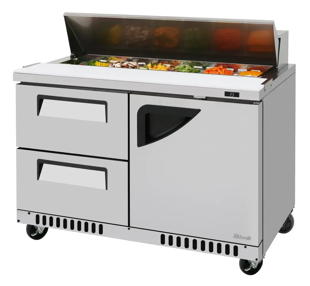Turbo Air TST-48SD-D2R(L)-FB-N 48″ Sandwich / Salad Prep Table w/ 2 Drawers & 1 Door, 12 Pans