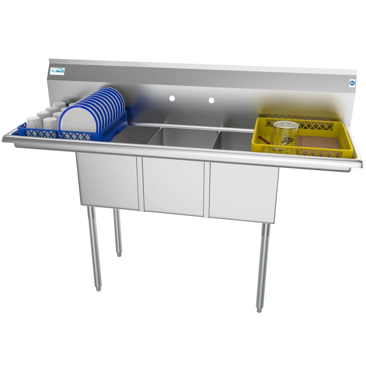 Koolmore SC121610-12B3 60″ Three Compartment Sink, 12″W x 16″L Bowl With 2 Drainboards