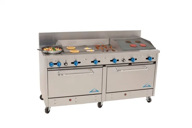 Comstock-Castle 2F330-36-2RB 72″ Gas Restaurant Range w/ (2) Open Burners, (1) 36″ Griddle, (1) 24″ Charbroiler, (2) Standard Ovens, 246.000 BTU