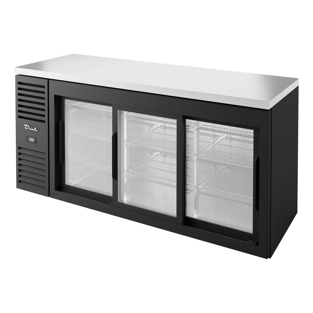True TBR72-RISZ1-L-B-111-1 72″ Back Bar Refrigerator with 3 Sliding Glass Doors & LED Lighting