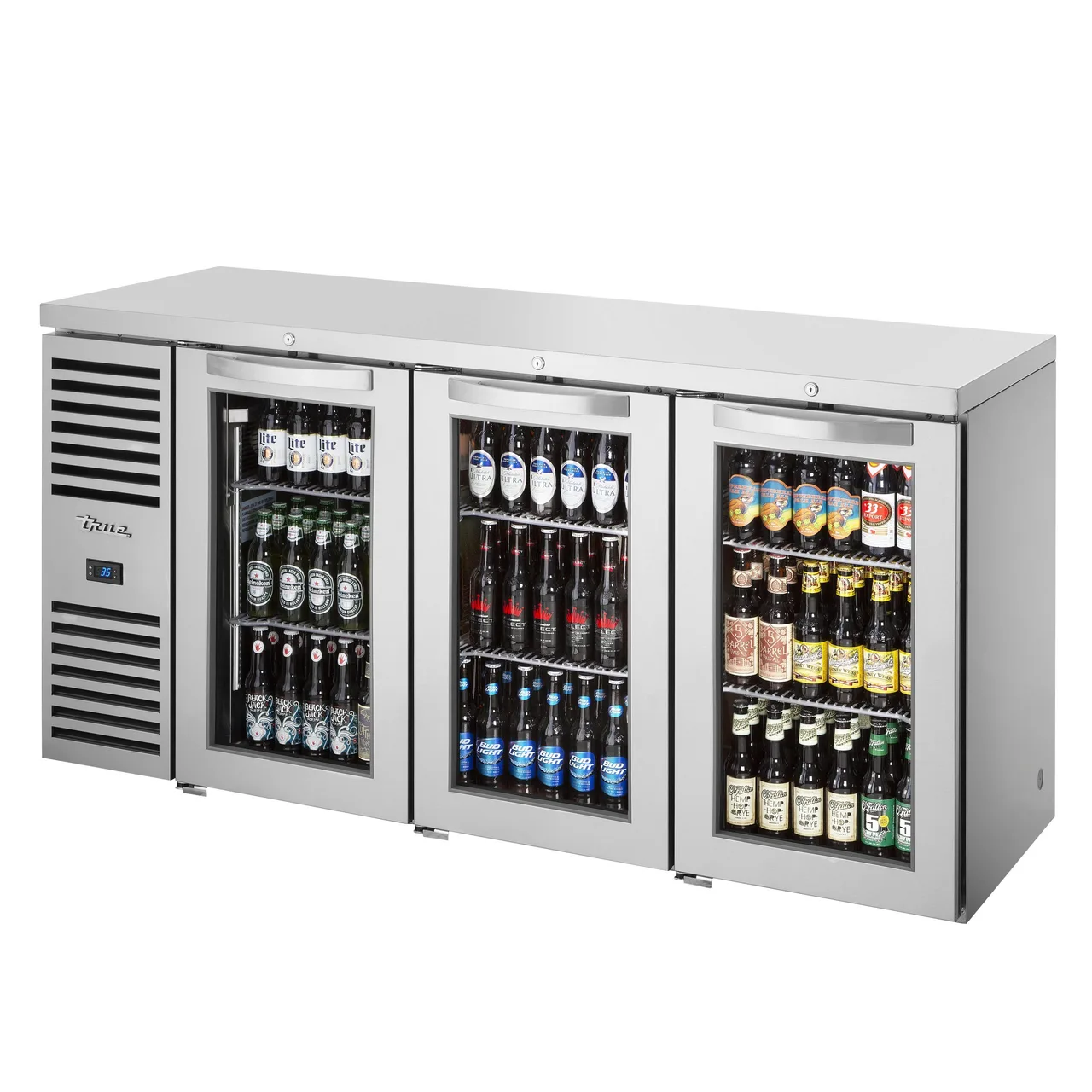 True TBR72-RISZ1-L-S-GGG-1 72″ 3 Glass Swing Door Back Bar Refrigerator with LED Lighting