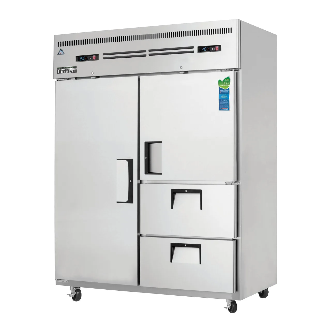 Everest ESWQ2D2 59″ 2-Section Reach-In Refrigerator/Freezer Combo, 1 Full /1 Half Solid Doors & 2 Drawers, 39.0 (R) & 13.0 (F) cu. ft.