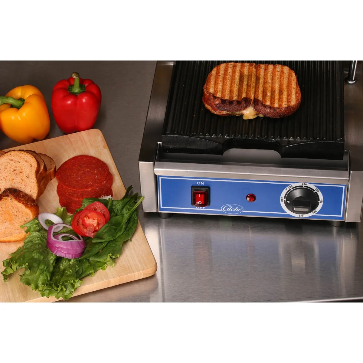Globe GPG10 Single Commercial Panini Press w/ Cast Iron Grooved Plates, 120v 5