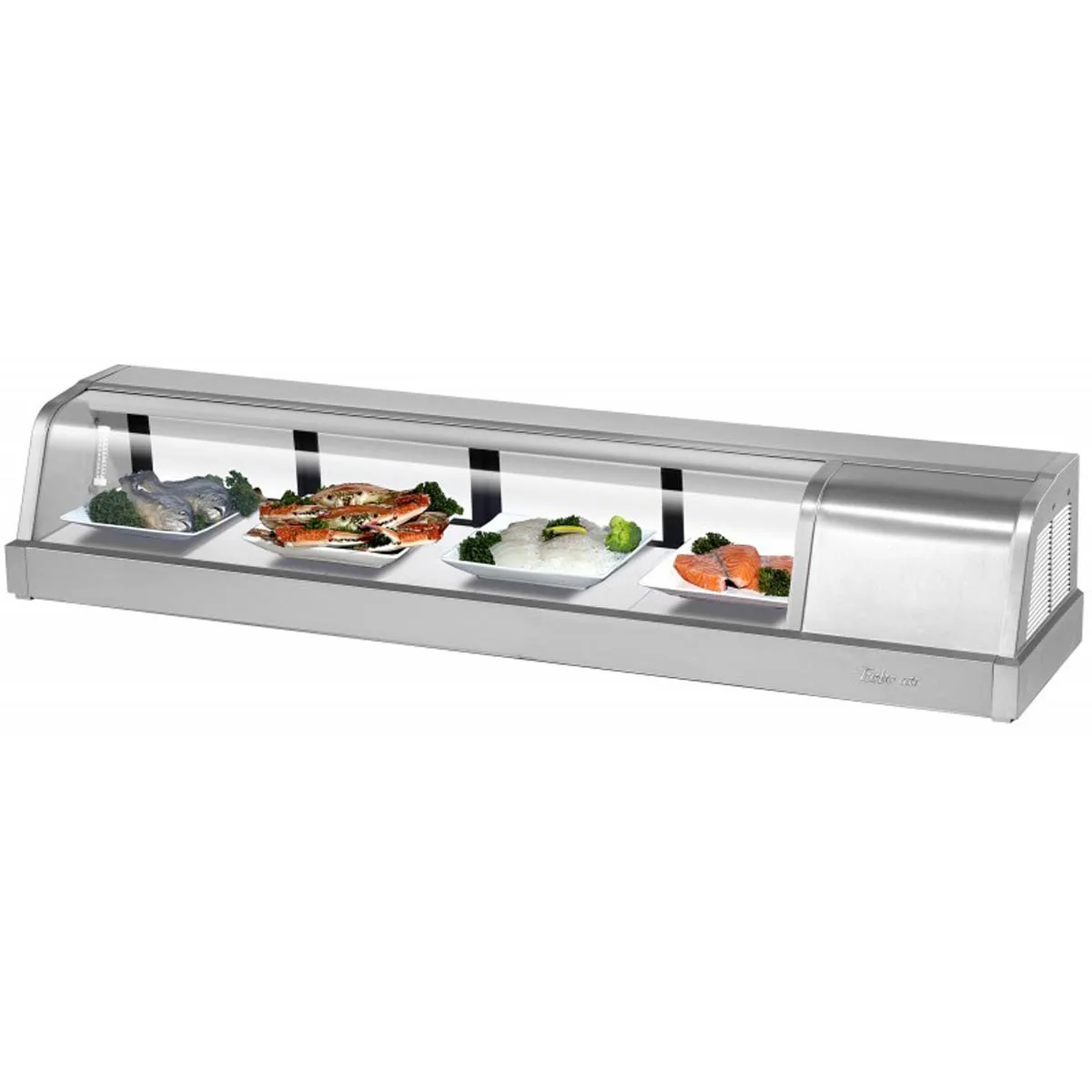 Turbo Air SAK-60R-N 59″ Refrigerated Self-Contained Right Compressor Curved Glass Stainless Steel Sushi Display Case, 4 Doors- 5 Pan Capacity