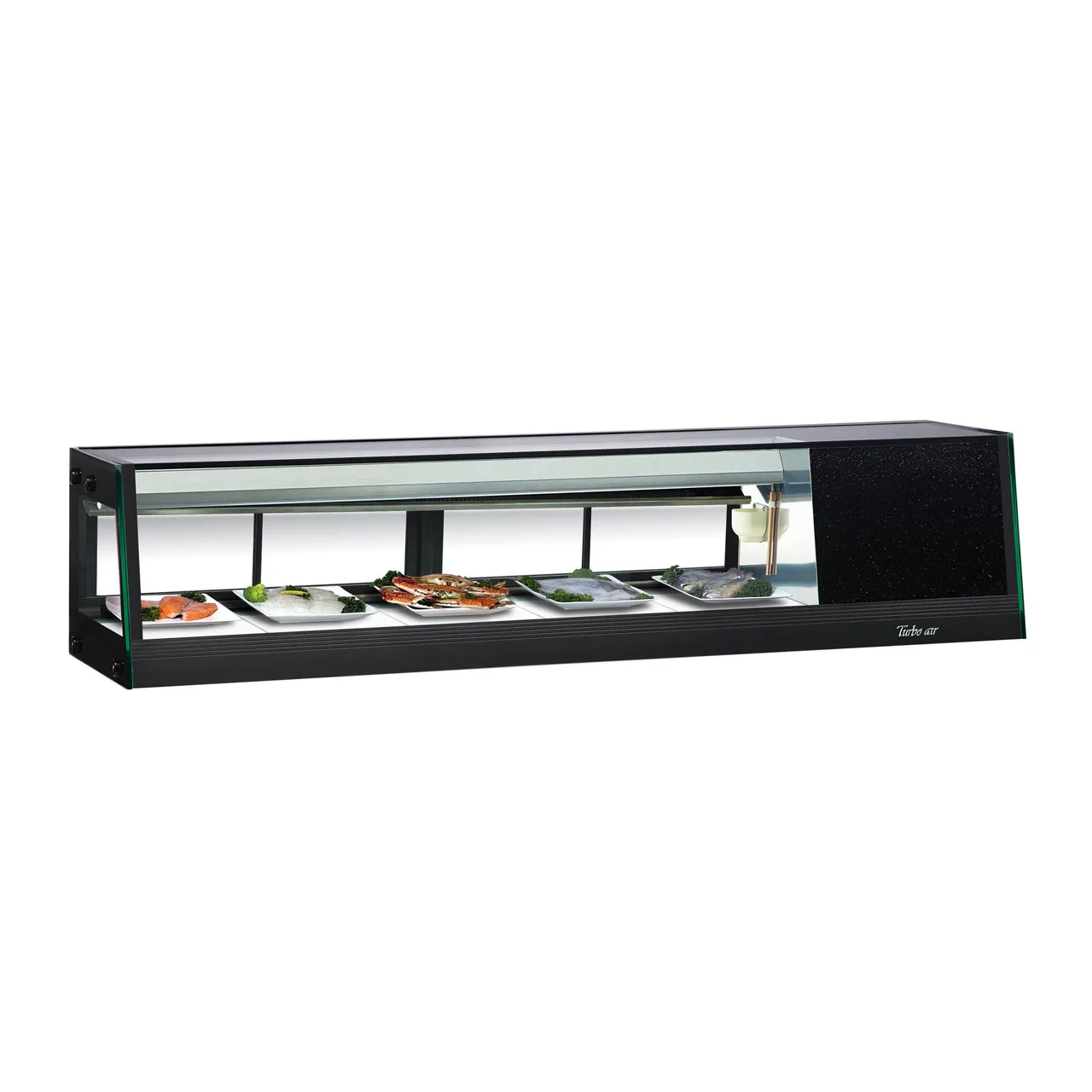 Turbo Air SAS-60L-N 58″ Refrigerated Self-Contained Left Compressor Straight Glass Stainless Steel Sushi Display Case, 4 Doors- 5 Pan Capacity