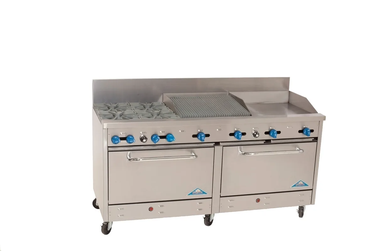 Comstock-Castle 2F330-24-2RB 72″ Gas Restaurant Range w/ (4) Open Burners, (1) 24″ Griddle, (1) 24″ Charbroiler, (2) Standard Ovens, 276.000 BTU
