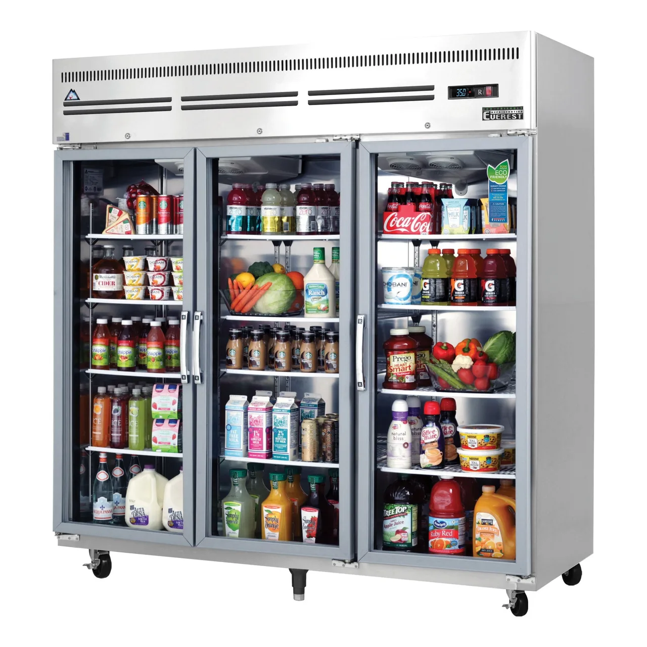 Everest ESGR3A 74″ Three Section Reach-In Refrigerator w/ 3 Glass Full Doors, Top Mount, Stainless Steel, 71 cu. ft.