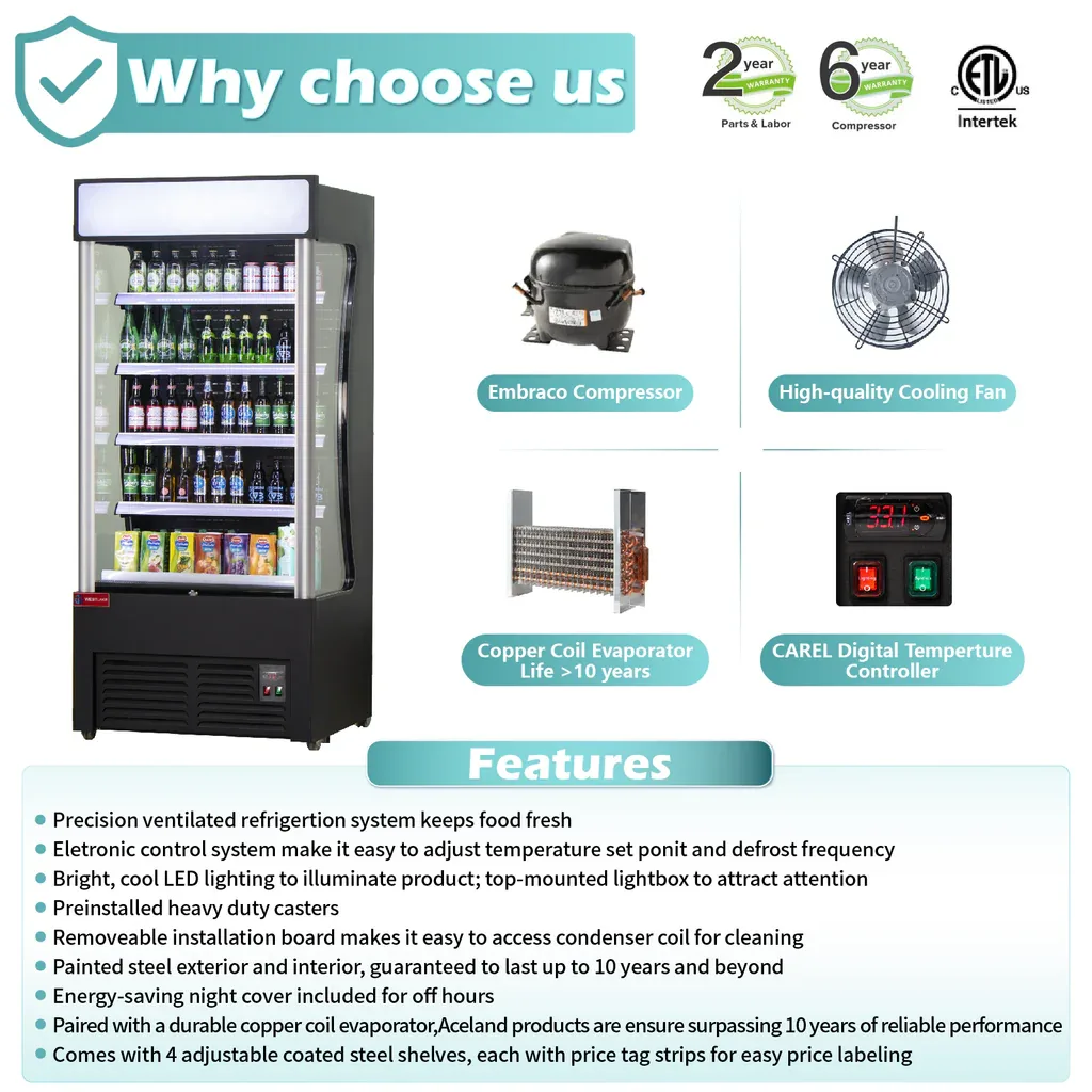 36″ Wide Open Air Merchandiser, Black Refrigerated Air Curtain Merchandiser, 120 V. 4