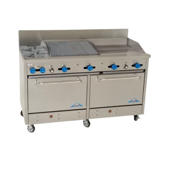 Comstock-Castle F3226-30-1.5RB 60″ Gas Restaurant Range w/ (2) Open Burners, (1) 30″ Griddle, (1) 18″ Charbroiler, (2) Standard Ovens, 226.000 BTU