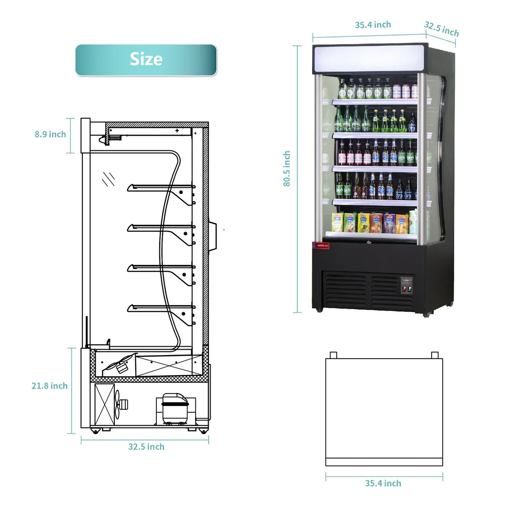 36″ Wide Open Air Merchandiser, Black Refrigerated Air Curtain Merchandiser, 120 V. 2