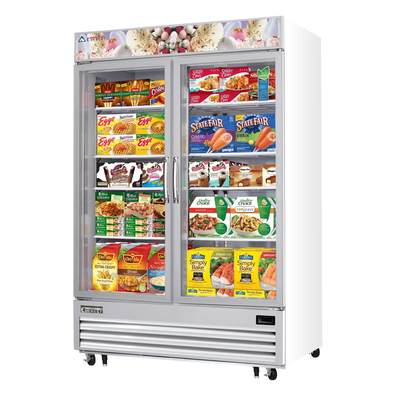 Everest EMGF48 54″ Two Section Glass Door Freezer Merchandiser in White, 48.0 cu. ft.