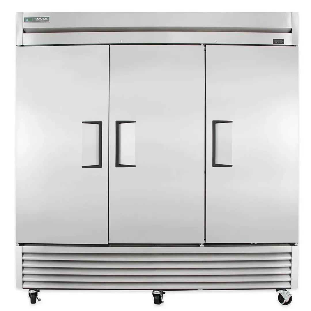 True T-72F-HC 78″ Three Section Reach-In Freezer w/ 3 Solid Doors, Stainless Steel Front Aluminum Sides, 115 V.