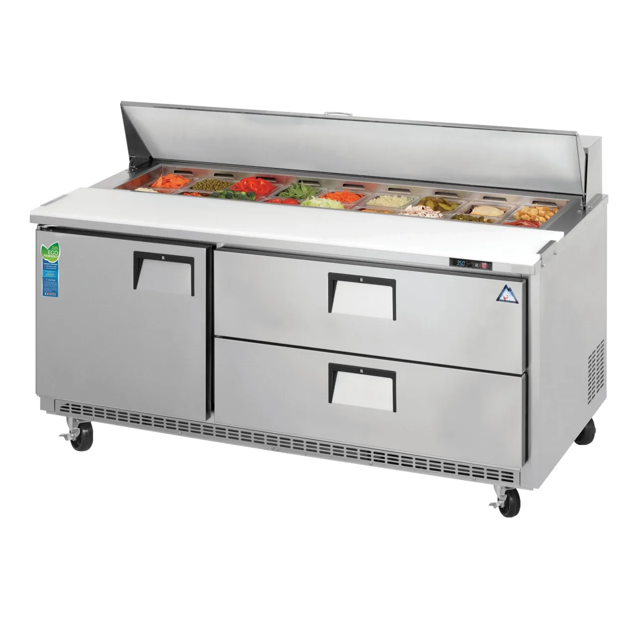 Everest EPBNR3-D2 71″ Two Section Sandwich/Salad Prep Table w/ 1 Door & 2 Drawers, 18 Pans