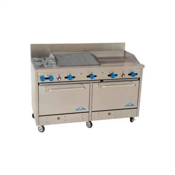 Comstock-Castle 2F330-24-3RB 72″ Gas Restaurant Range w/ (2) Open Burners, (1) 24″ Griddle, (1) 36″ Charbroiler, (2) Standard Ovens, 252.000 BTU
