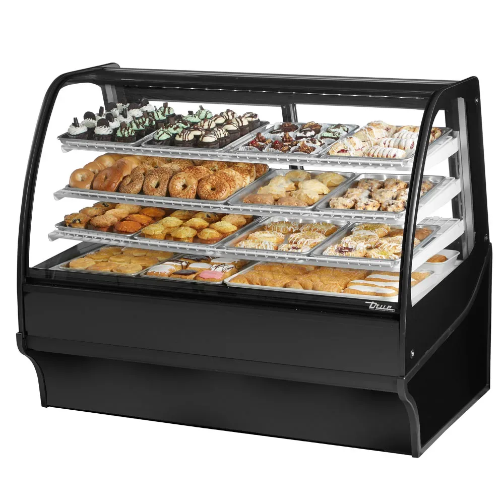 True TDM-DC-59-GE/GE-B-W 59 1/4″ Full Service Dry Bakery Case w/ Curved Glass – (4) Levels, 115v