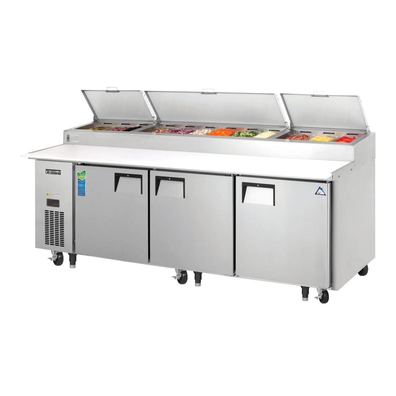 Everest EPPR3 93″ Three Section Refrigerated Pizza Prep Table w/ 3 Doors, (12) 1/3 Size Pans