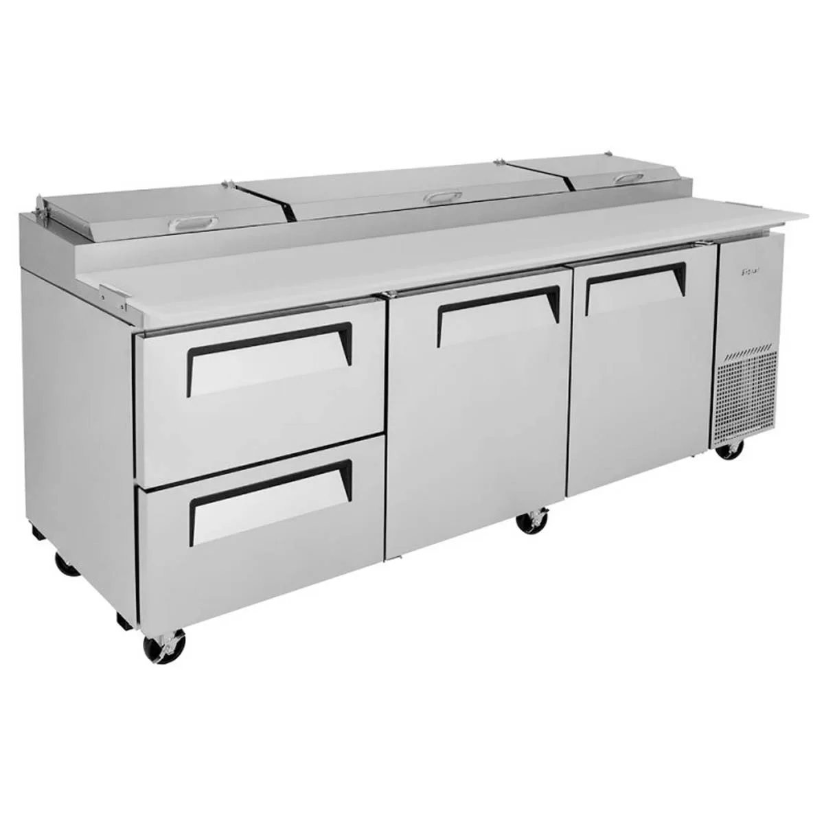 Turbo Air TPR-93SD-D2-N 93″ Refrigerated Pizza Prep Table w/ 3 Doors, 12 Condiment Pans 4