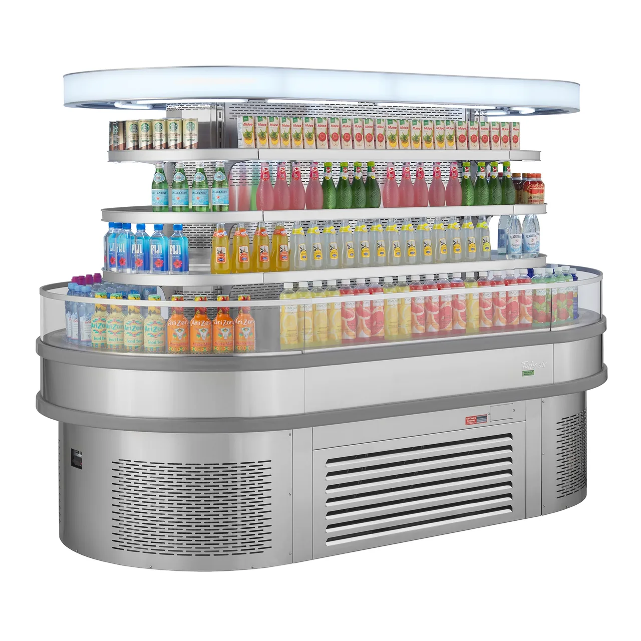Turbo Air TIOM-48RSRS-N 48″ Island Display Self-Serve Refrigerated Merchandiser, Stainless Steel, Open Curved, 3 Shelves, 28.8 cu. ft.