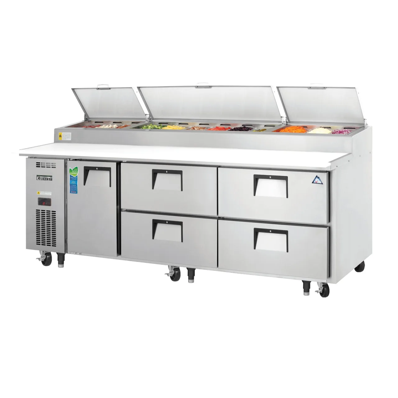 Everest EPPR3-D4 93″ Three Section Refrigerated Pizza Prep Table w/ 1 Door & 4 Drawers