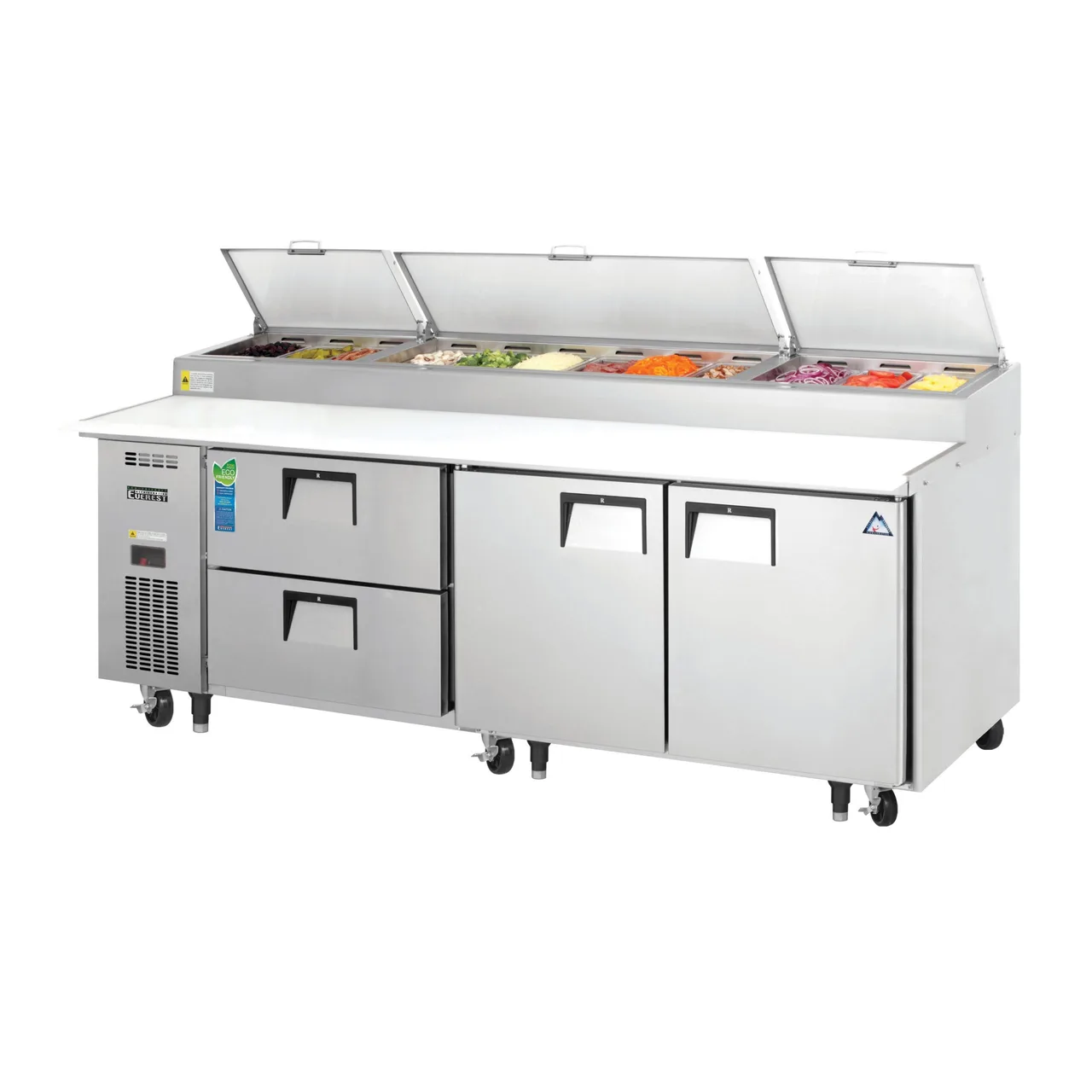 Everest EPPR3-D2 93″ Three Section Refrigerated Pizza Prep Table w/ 2 Doors & 2 Drawers