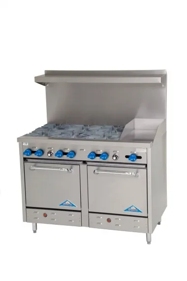 Comstock-Castle F3218-12 48″ Gas Restaurant Range w/ (6) Open Burners, 12″ Griddle, (2) Space Saver Ovens, 234.000 BTU