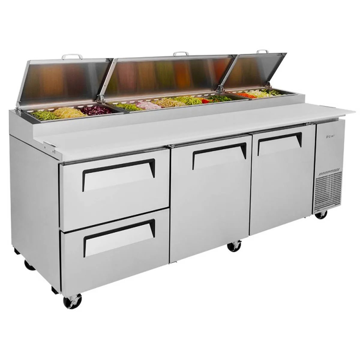Turbo Air TPR-93SD-D2-N 93″ Refrigerated Pizza Prep Table w/ 3 Doors, 12 Condiment Pans 2