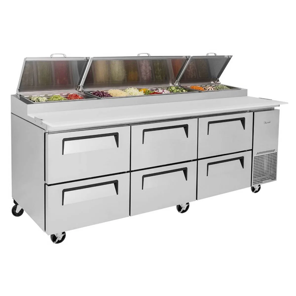 Turbo Air TPR-93SD-D6-N 93″ Refrigerated Pizza Prep Table w/ 6 Drawers, 12 Condiment Pans 3