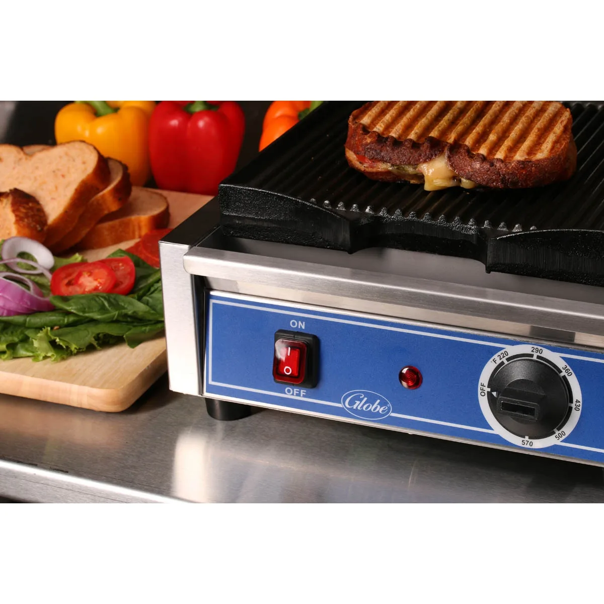 Globe GPG10 Single Commercial Panini Press w/ Cast Iron Grooved Plates, 120v 4