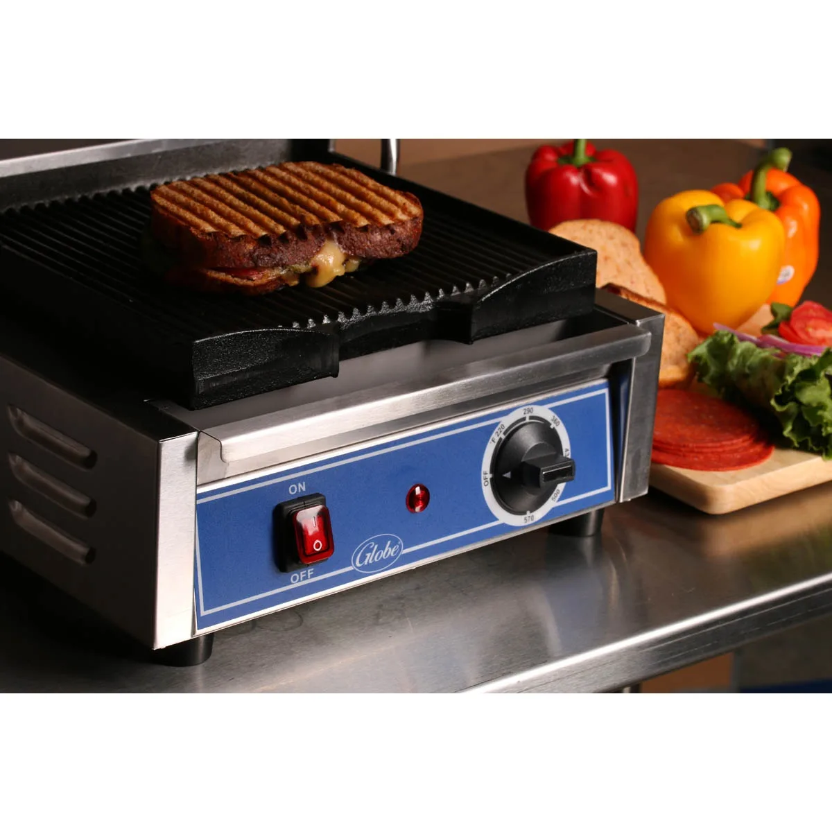 Globe GPG10 Single Commercial Panini Press w/ Cast Iron Grooved Plates, 120v 2
