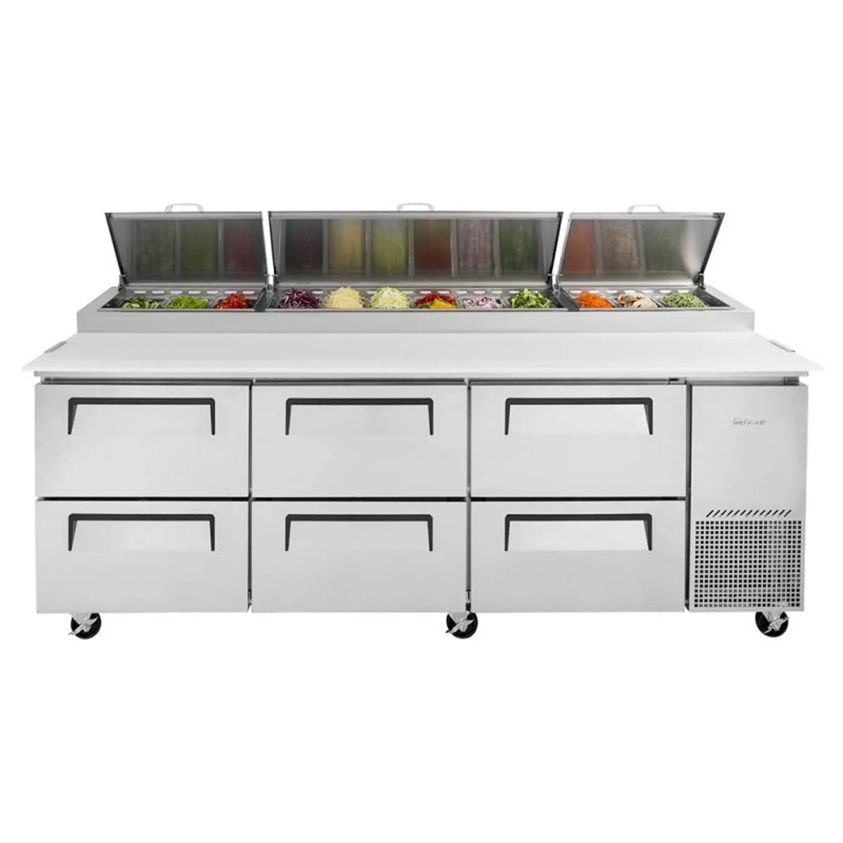 Turbo Air TPR-93SD-D6-N 93″ Refrigerated Pizza Prep Table w/ 6 Drawers, 12 Condiment Pans 5