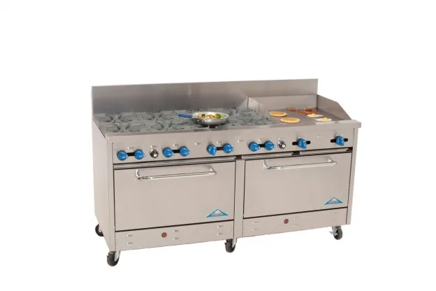 Comstock-Castle 2F330-24 72″ Gas Restaurant Range w/ (8) Open Burners, (1) 24″ Griddle, (2) Standard Ovens, 316.000 BTU