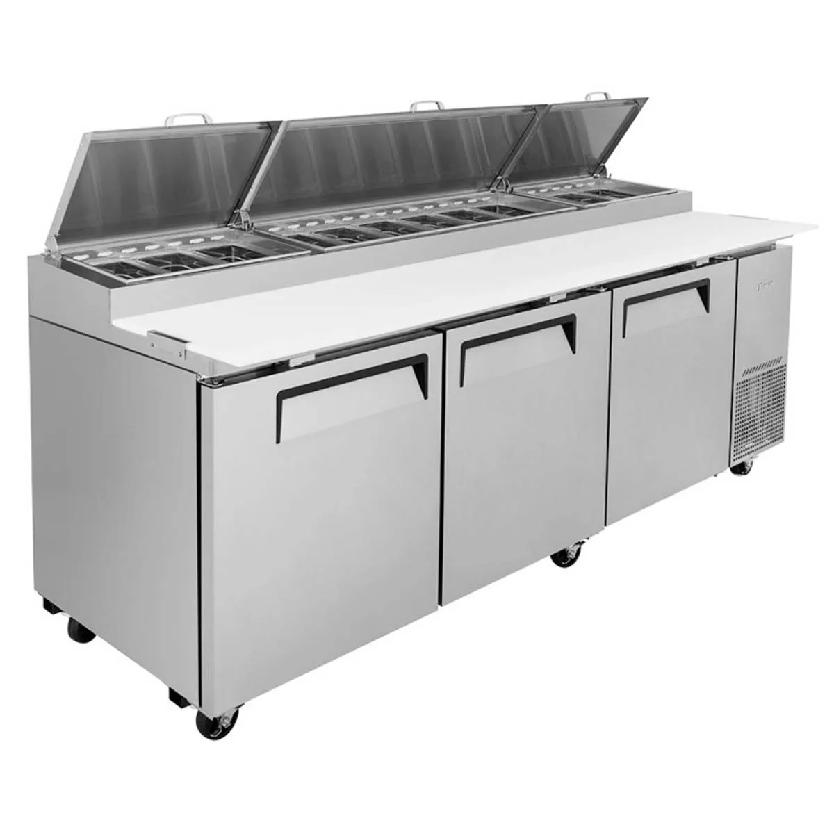 Turbo Air TPR-93SD-N 93″ Refrigerated Pizza Prep Table w/ 3 Doors, 12 Condiment Pans 4