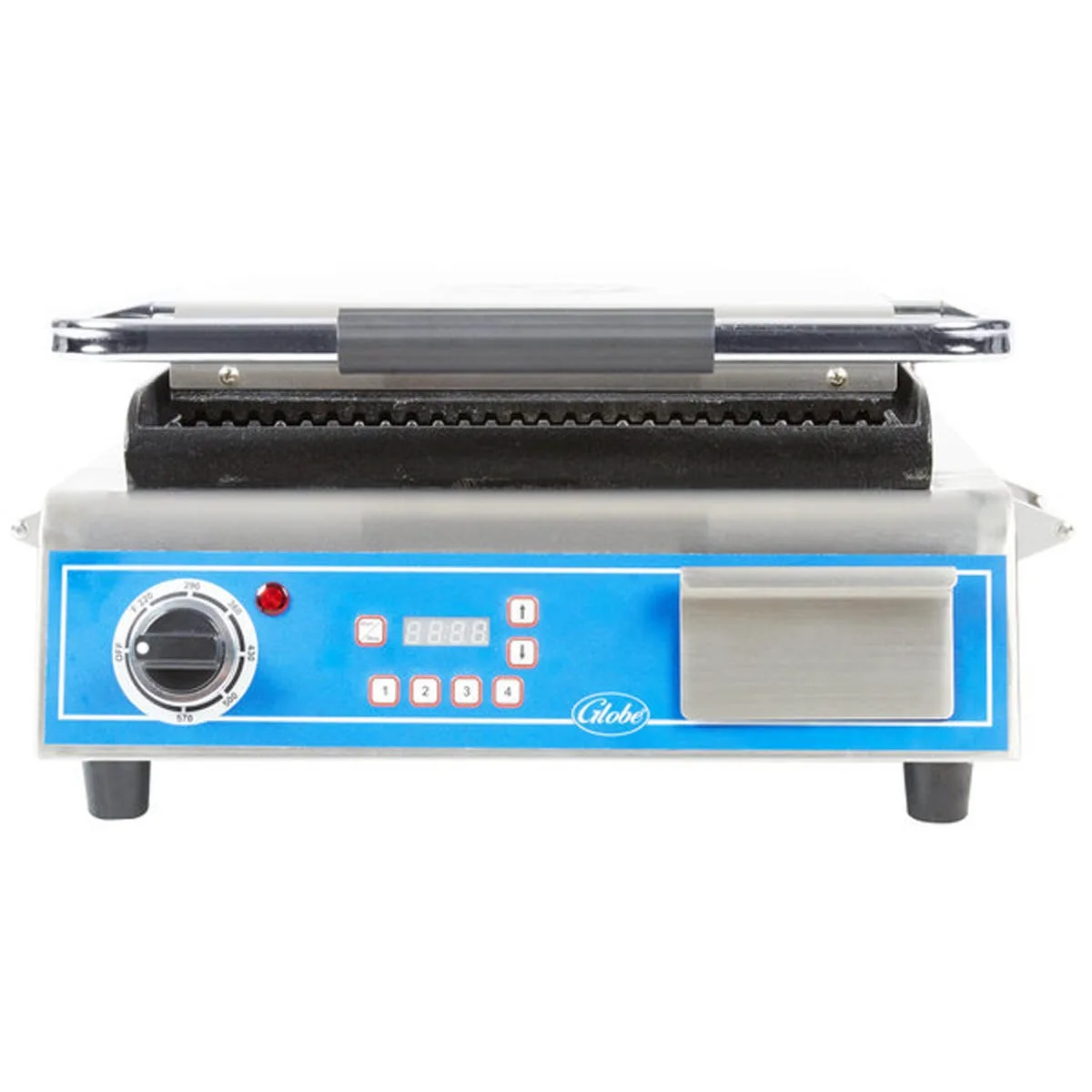 Globe GPG14D Single Commercial Panini Press w/ Cast Iron Grooved Plates, 120v 6
