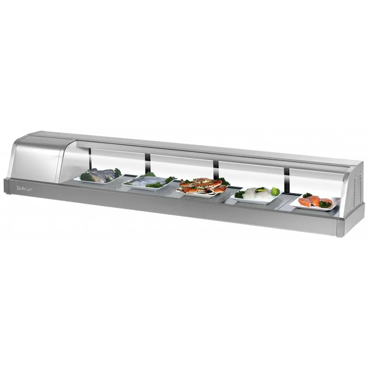 Turbo Air SAK-70L-N 71″ Refrigerated Self-Contained Left Compressor Curved Glass Stainless Steel Sushi Display Case, 4 Doors- 5 Pan Capacity