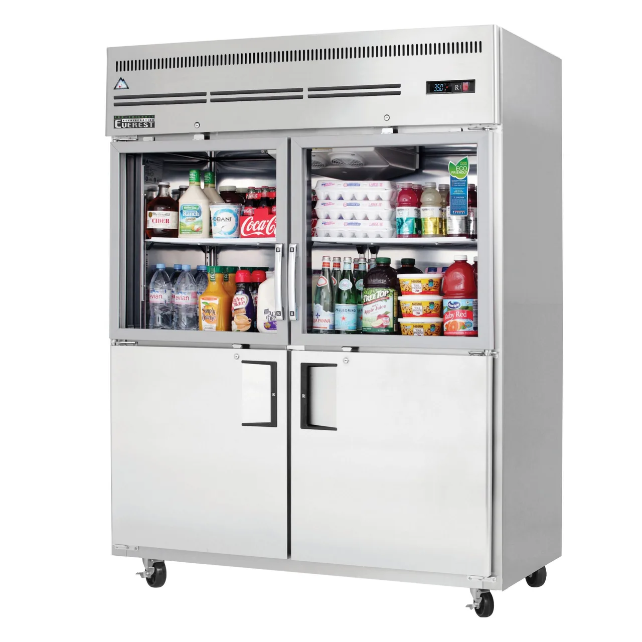 Everest EGSWH4 59″ Two Section Reach-In Refrigerator w/ 2 Solid & 2 Glass Half Doors, Top Mount, Stainless Steel, 55 cu. ft.