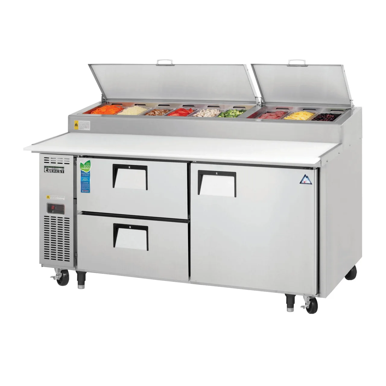 Everest EPPR2-D2 71″ Two Section Refrigerated Pizza Prep Table w/ 2 Drawers & 1 Door