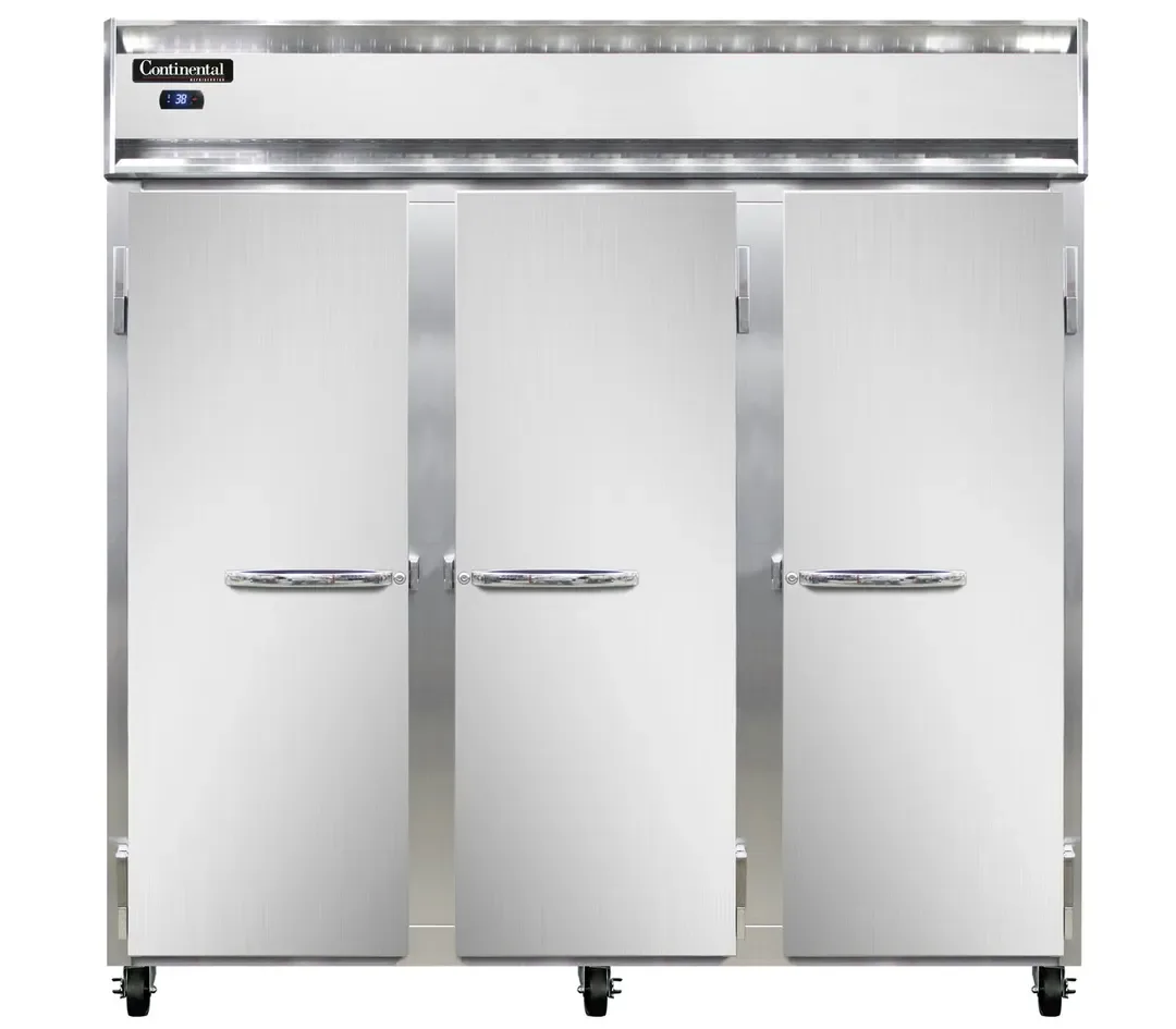 Continental Refrigerator 3RNSA 78″ Three Section Reach-In Refrigerator w/ 3 Solid Doors, Stainless Steel Exterior, 70 cu.ft., 115 V.