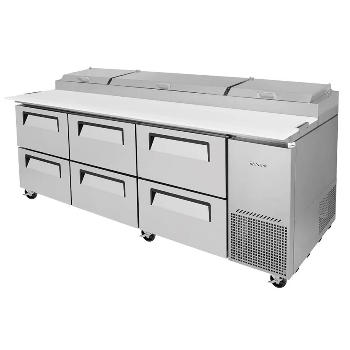 Turbo Air TPR-93SD-D6-N 93″ Refrigerated Pizza Prep Table w/ 6 Drawers, 12 Condiment Pans 7