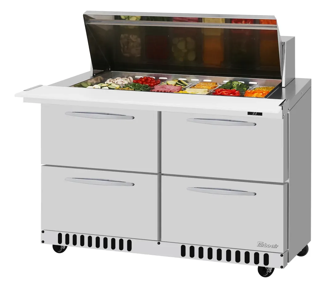 Turbo Air PST-48-D4-FB-N 48″ Two Section Sandwich / Salad Prep Table w/ 4 Drawers, 12 Pans