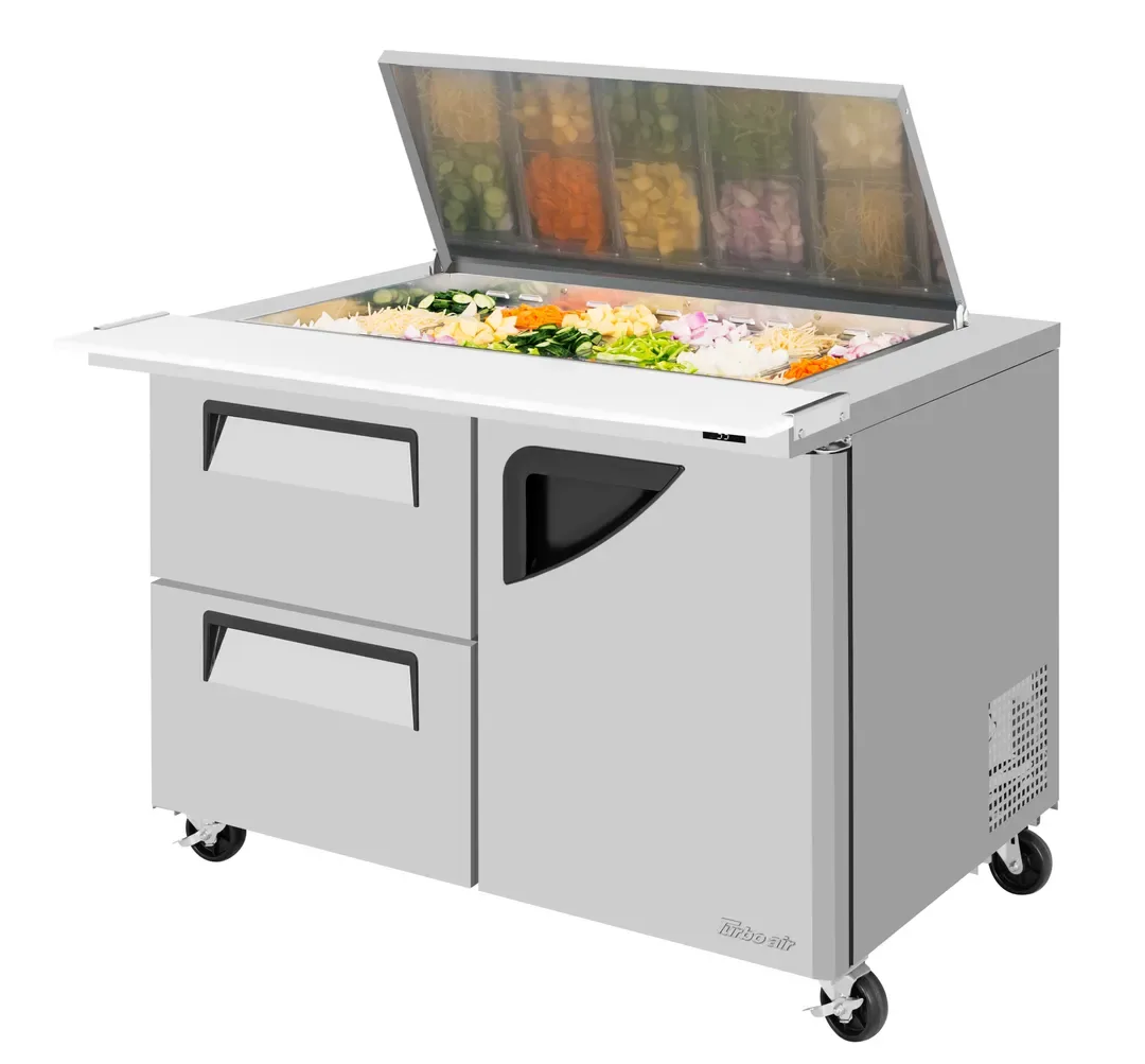 Turbo Air TST-48SD-18-D2R-N-FL 48″ Mega Top Sandwich Prep Table w/ 2 Drawers & 1 Door, 18 Pans