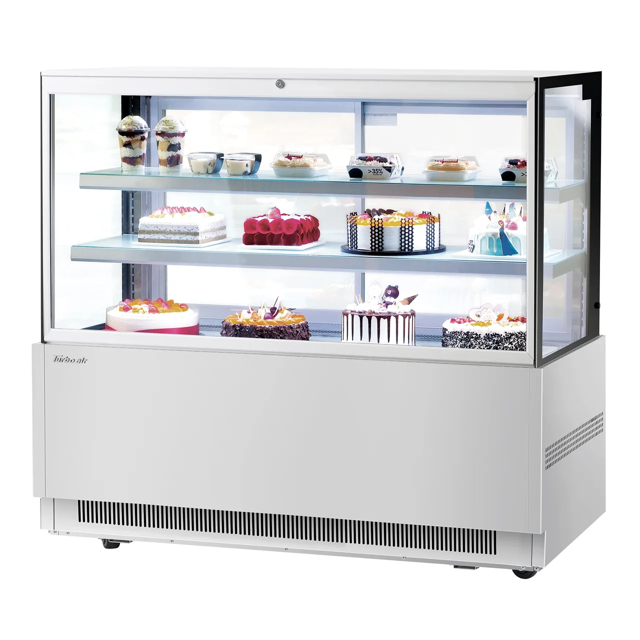 Turbo Air TBP60-54FN-S 59″ Refrigerated Bakery Display Case, Self-Contained Straight Glass Full Service with 2 Shelves, 3/4 HP-Stainless Steel