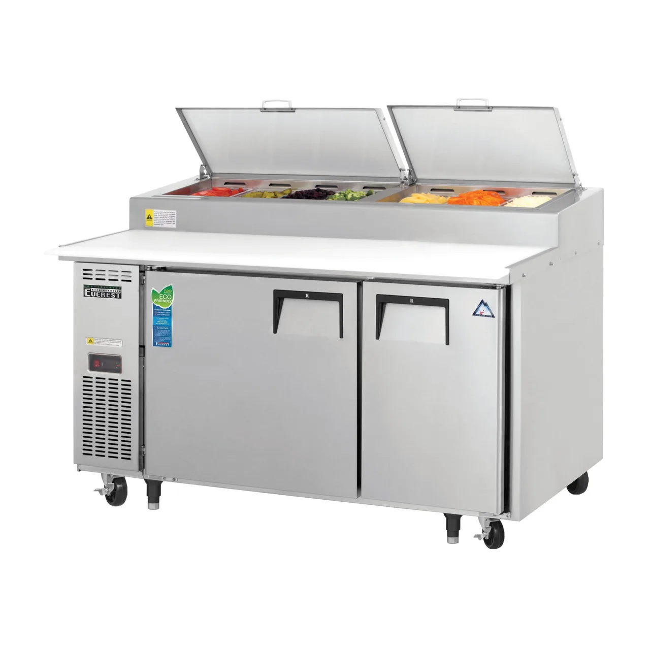Everest EPPSR2 59″ Two Section Refrigerated Pizza Prep Table w/ 2 Doors, (7) 1/3 Size Pans