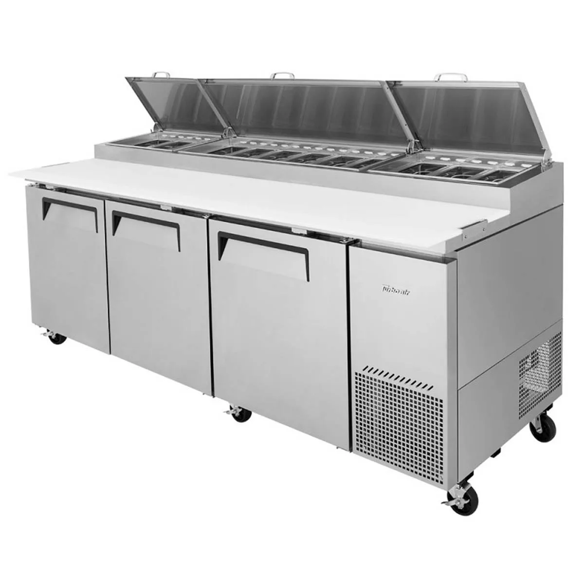 Turbo Air TPR-93SD-N 93″ Refrigerated Pizza Prep Table w/ 3 Doors, 12 Condiment Pans 3