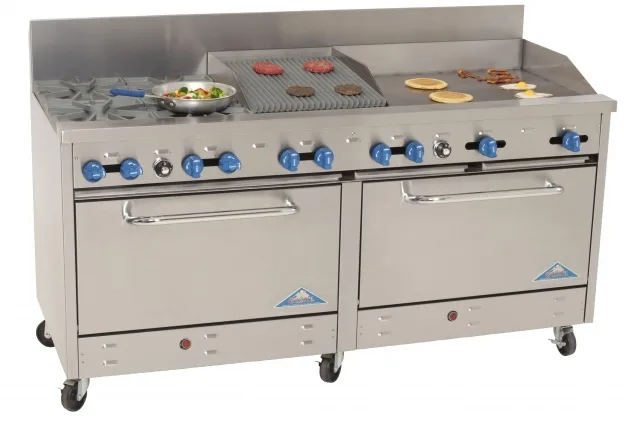 Comstock-Castle 2F330-12-3RB 72″ Gas Restaurant Range w/ (4) Open Burners, (1) 12″ Griddle, (1) 36″ Charbroiler, (2) Standard Ovens, 282.000 BTU