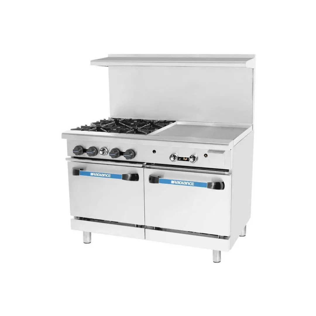 Turbo Air TARG-24G4B 48″ Gas Restaurant Range w/ (4) Open Burners, 24″ Griddle Left, (2) Standard Ovens, 235.000 BTU